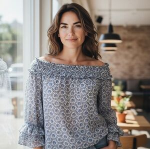 CeCe Blue and White Smocked Top Blouse Flowy BOHO L